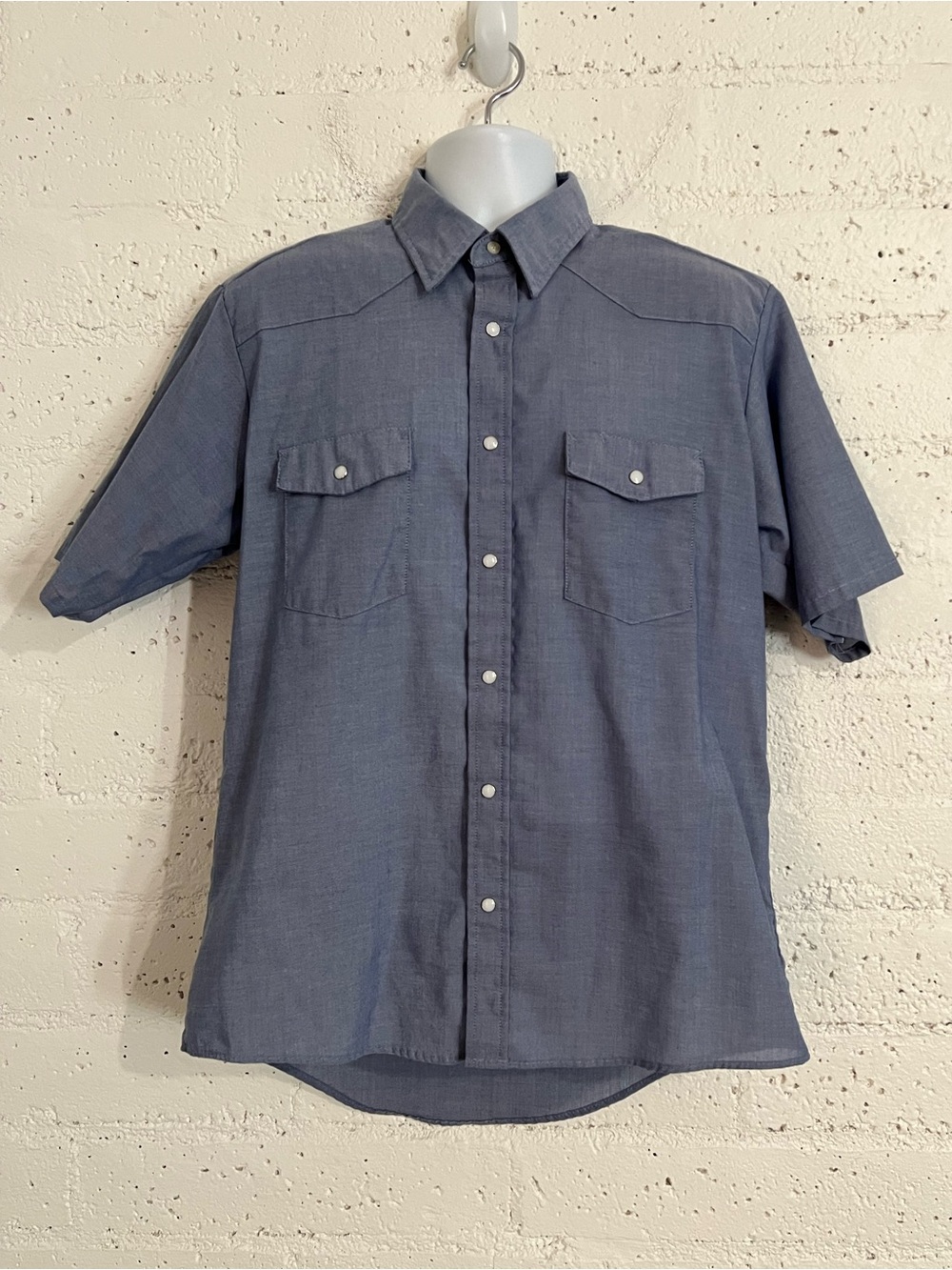 Red Kap Mens Button Down Work Shirt L Blue Short Sleeve Faux Pearl Snap E1